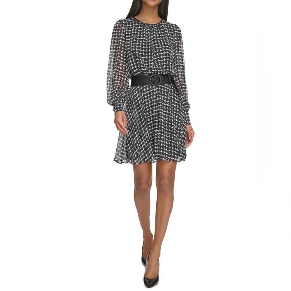 KARL LAGERFELD PARIS Houndstooth Belted Fit & Flare Dress, Size 14 - Picture 1 of 16